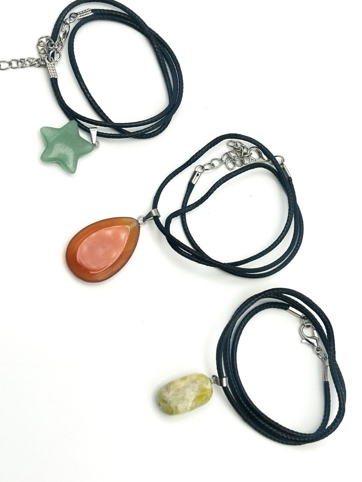 Gemstone Pendant Cord Necklace Bundle – Carnelian, Aventurine Star & Serpentine