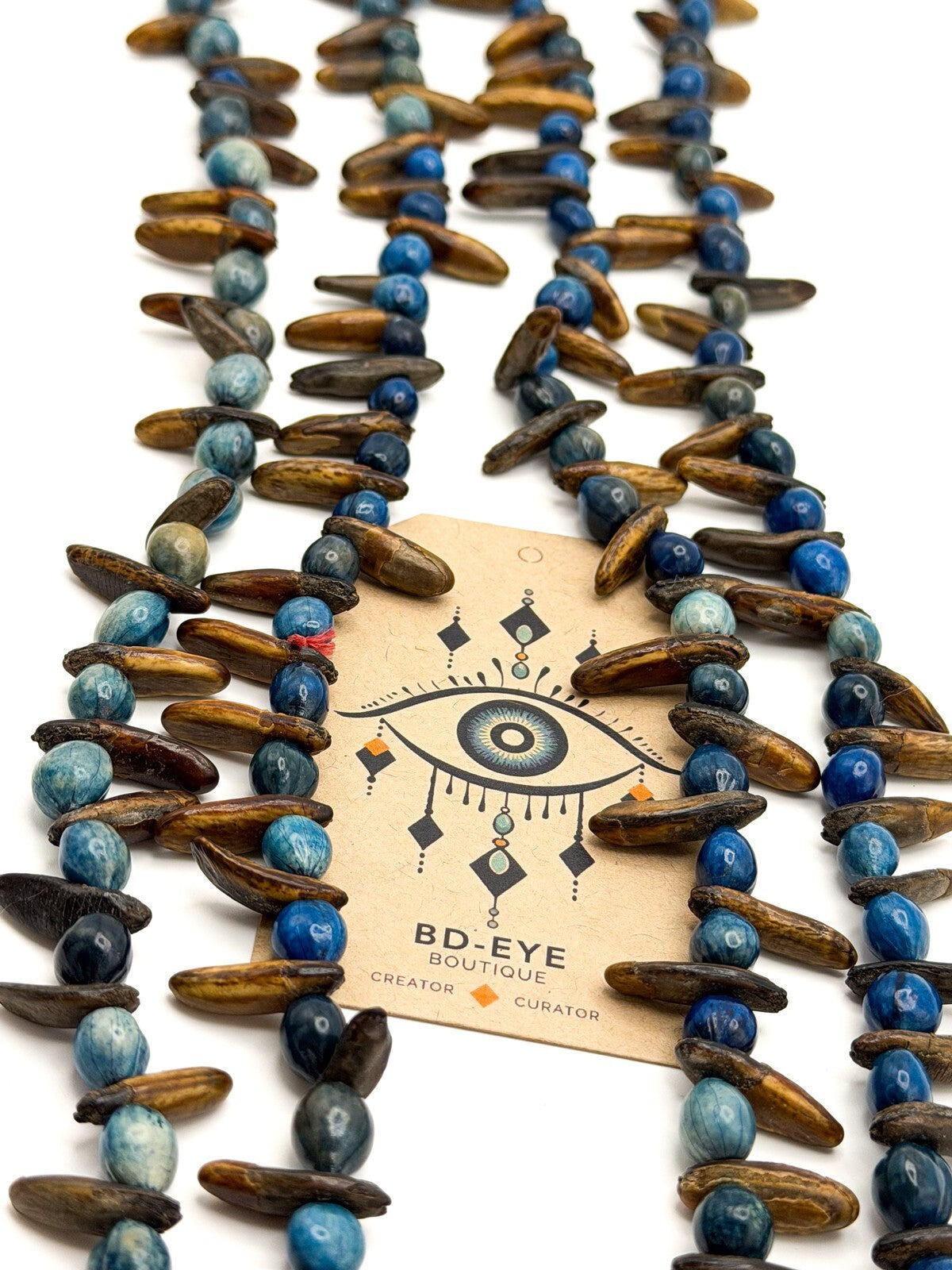 Blue & Brown Dyed Seed Long Boho Necklace