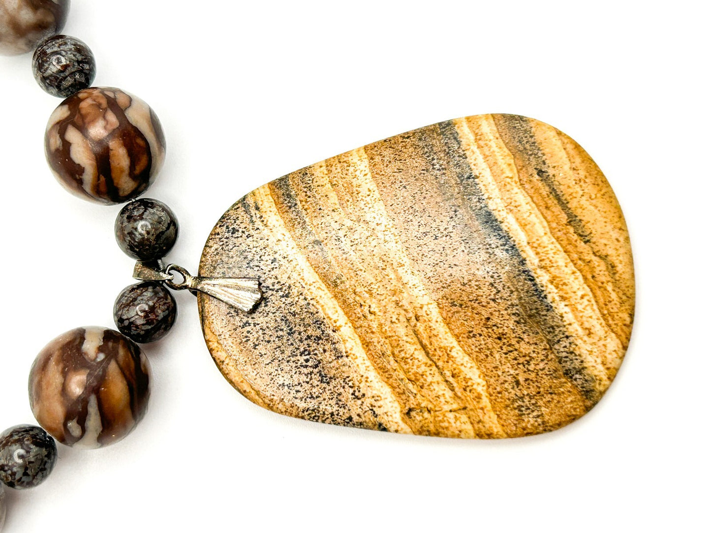 Picture Jasper Pendant Necklace – 925 Sterling Silver Bale – 26” Gemstone Boho