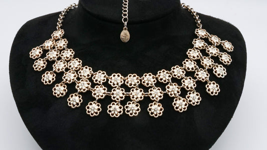 Triple Gold Tone Daisy Chain Necklace - Flower Floral Linked