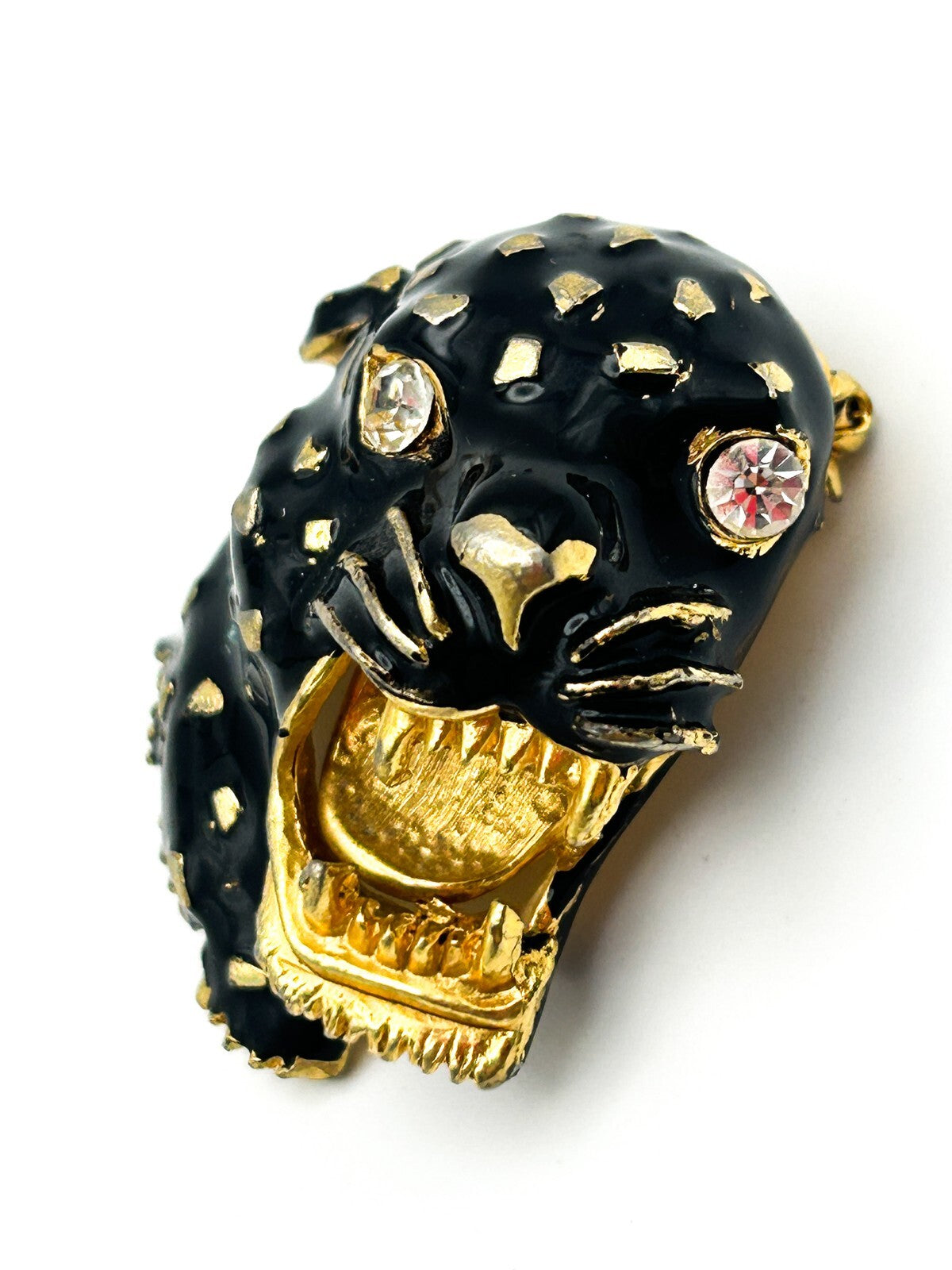 Vintage Black Panther Brooch Gold Enamel Rhinestone Eyes Statement Pin