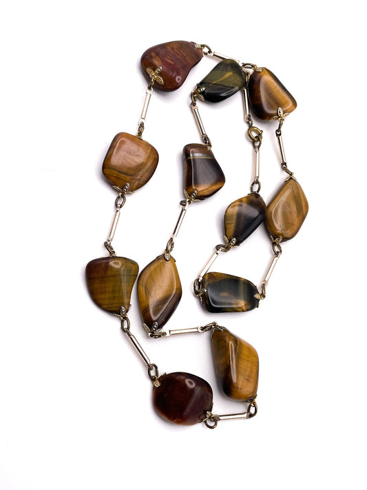Vintage Chunky Tiger’s Eye Semi Precious Gold Tone Gemstone Necklace