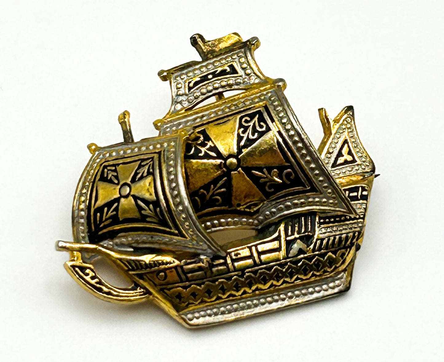 Damascene Ship Brooch Vintage Gold Tone Spanish Toledo Style Sailing Boat Pin
