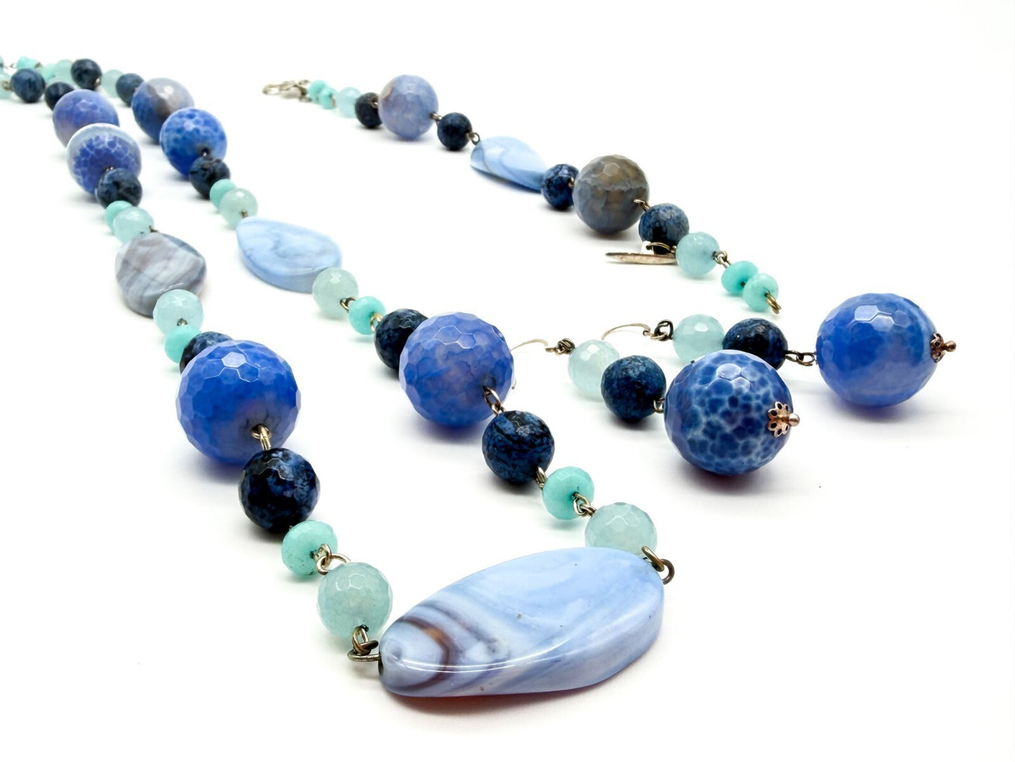 Chunky Blue Agate Beaded Necklace Bracelet Earrings Set Artisan Style