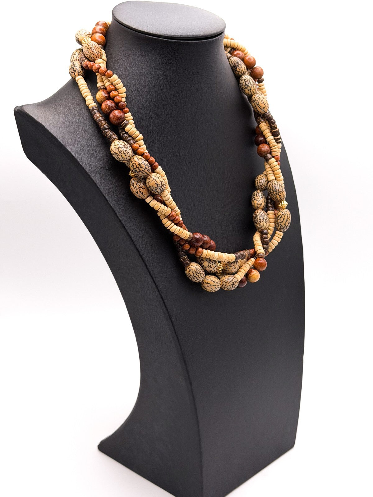Four Strand Twisted Wood & Coconut Shell Disc Necklace with Gold Tone Boho