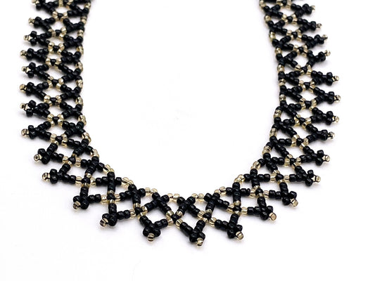 Black & Gold Seed Bead Collar Necklace Gothic Woven Dainty Handmade Artisan