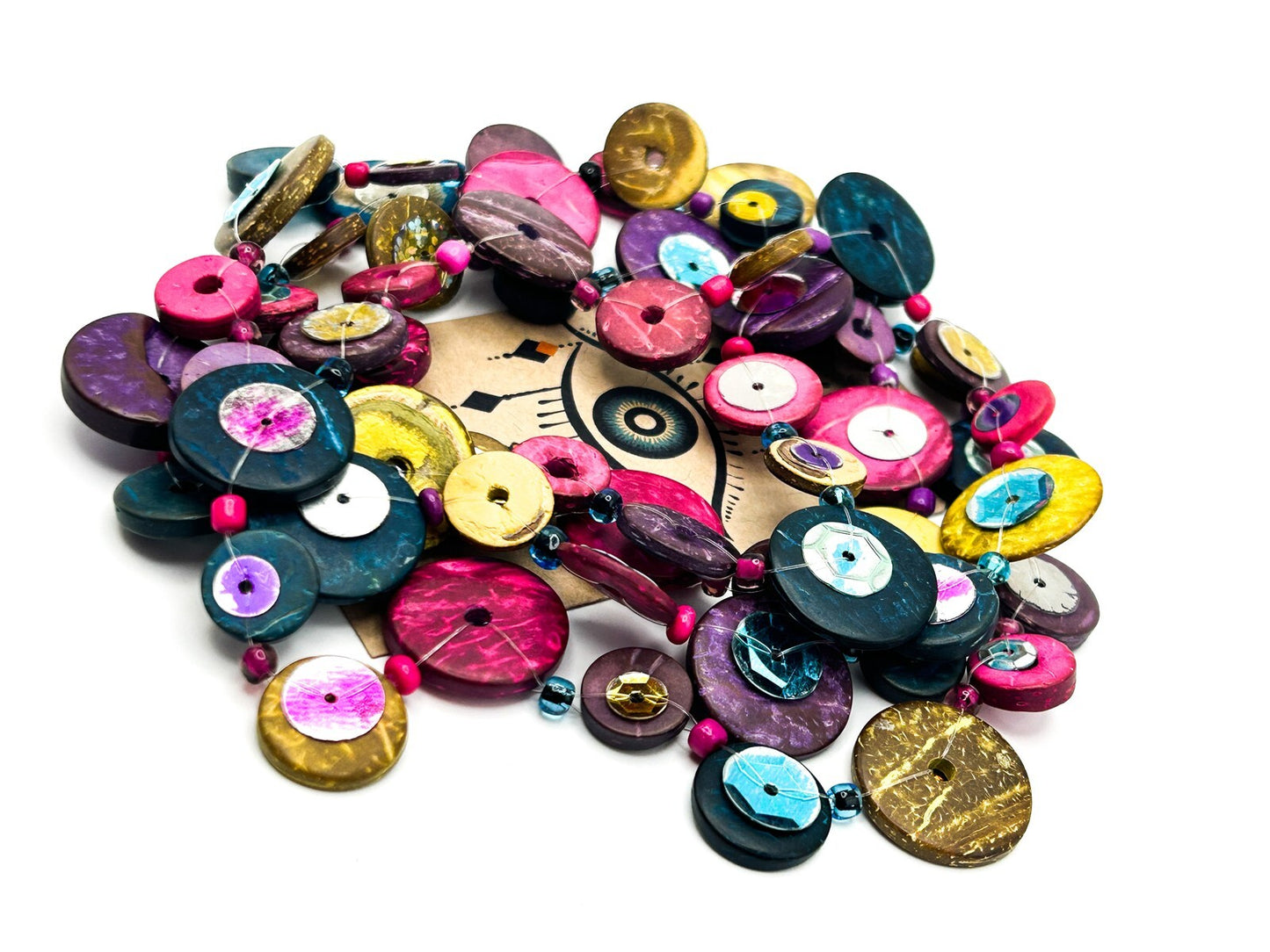 Retro (90s-Y2K) Multicoloured Coconut Shell Disc Necklace with Sequin Detail