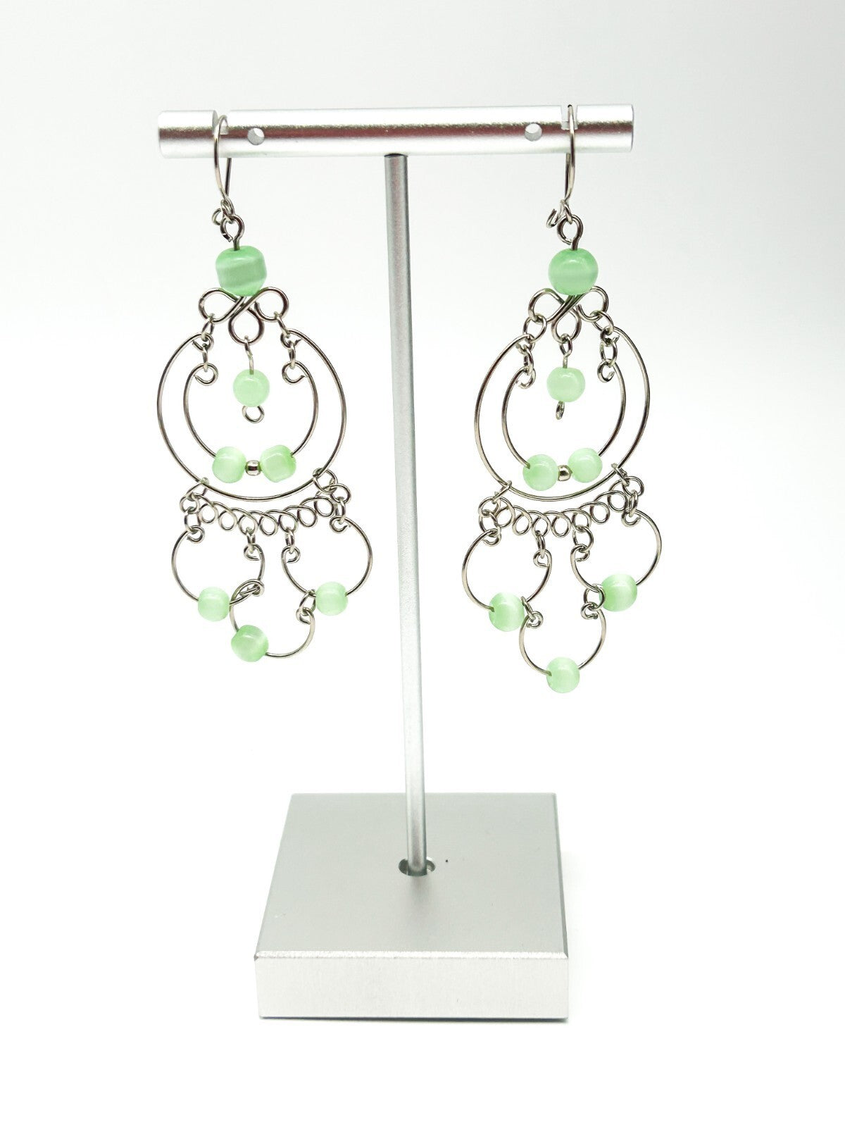 Peruvian Alpaca Pastel Green Cat's Eye Chandelier Necklace & Earrings Set Boho