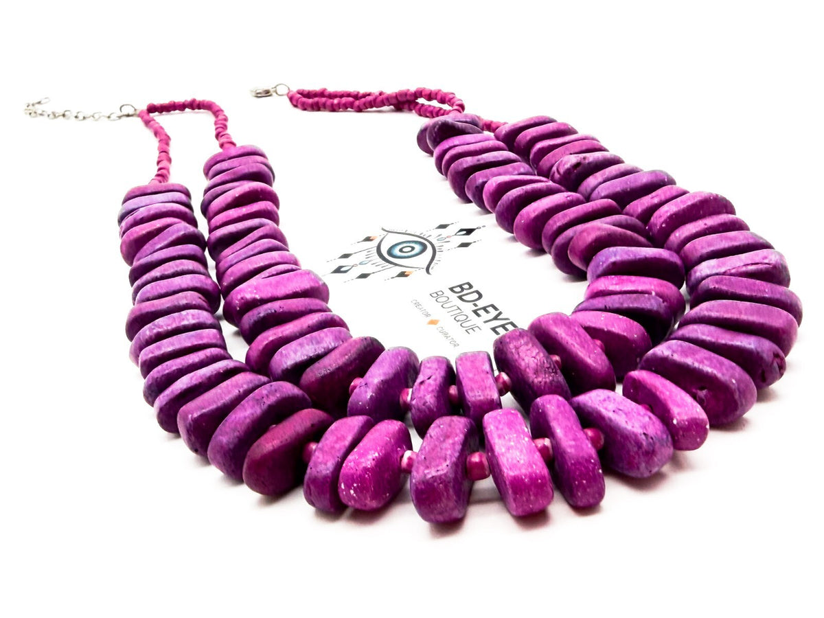 Dyed Purple Stone Chunky Statement Necklace Double Strand Magenta Beads Summer