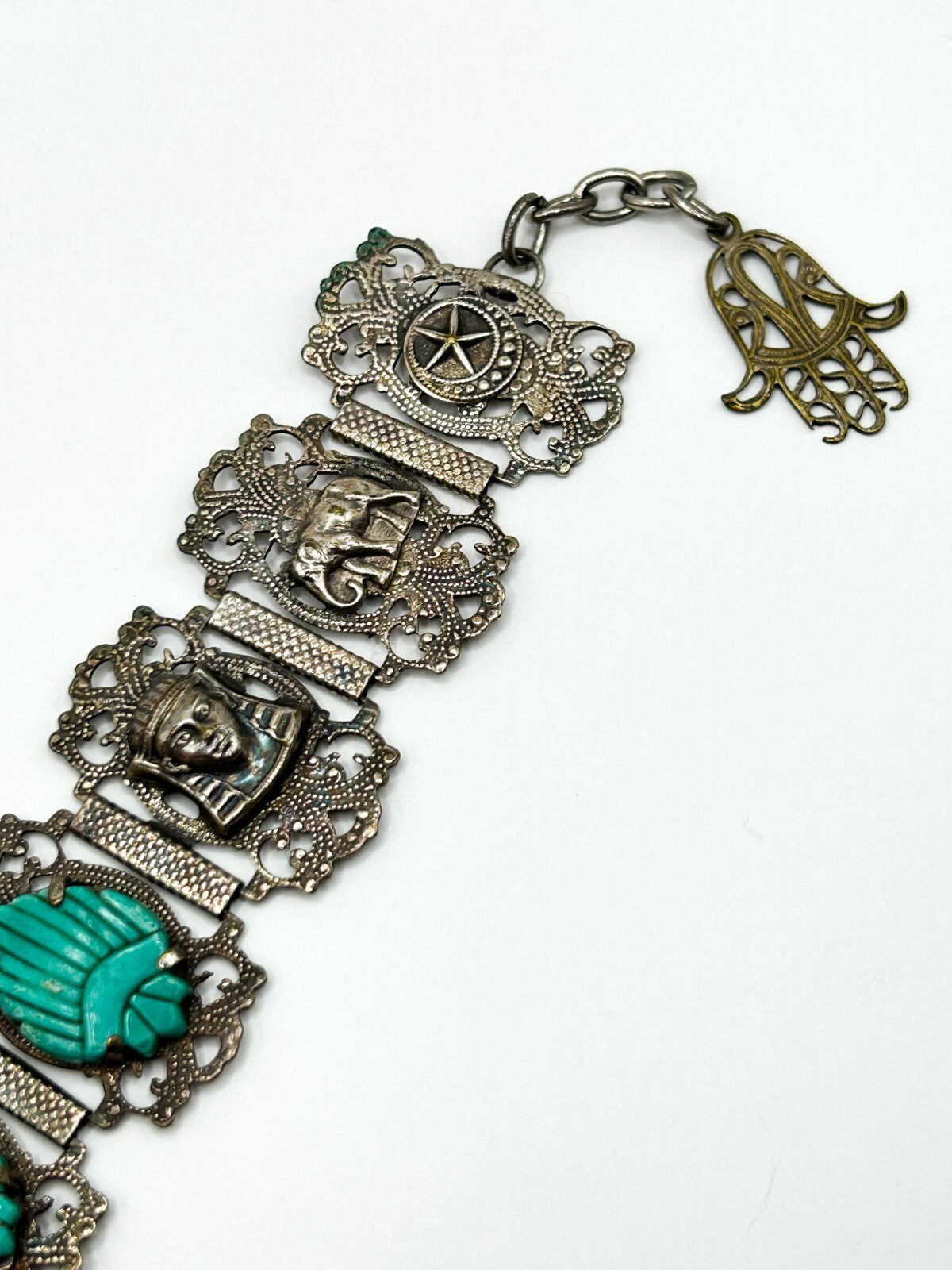 Vintage Egyptian Revival Pharaoh Scarab Panel Bracelet Turquoise Hamsa Tourist