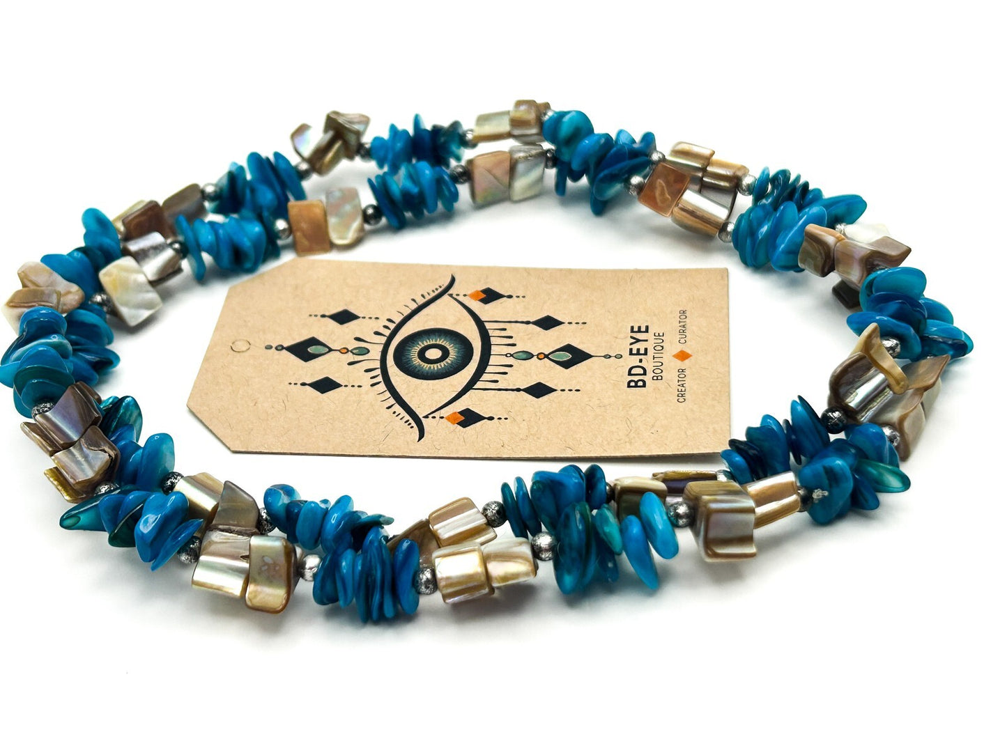 Long Blue & Cream Boho Mother of Pearl Shell Chip Iridescent Necklace