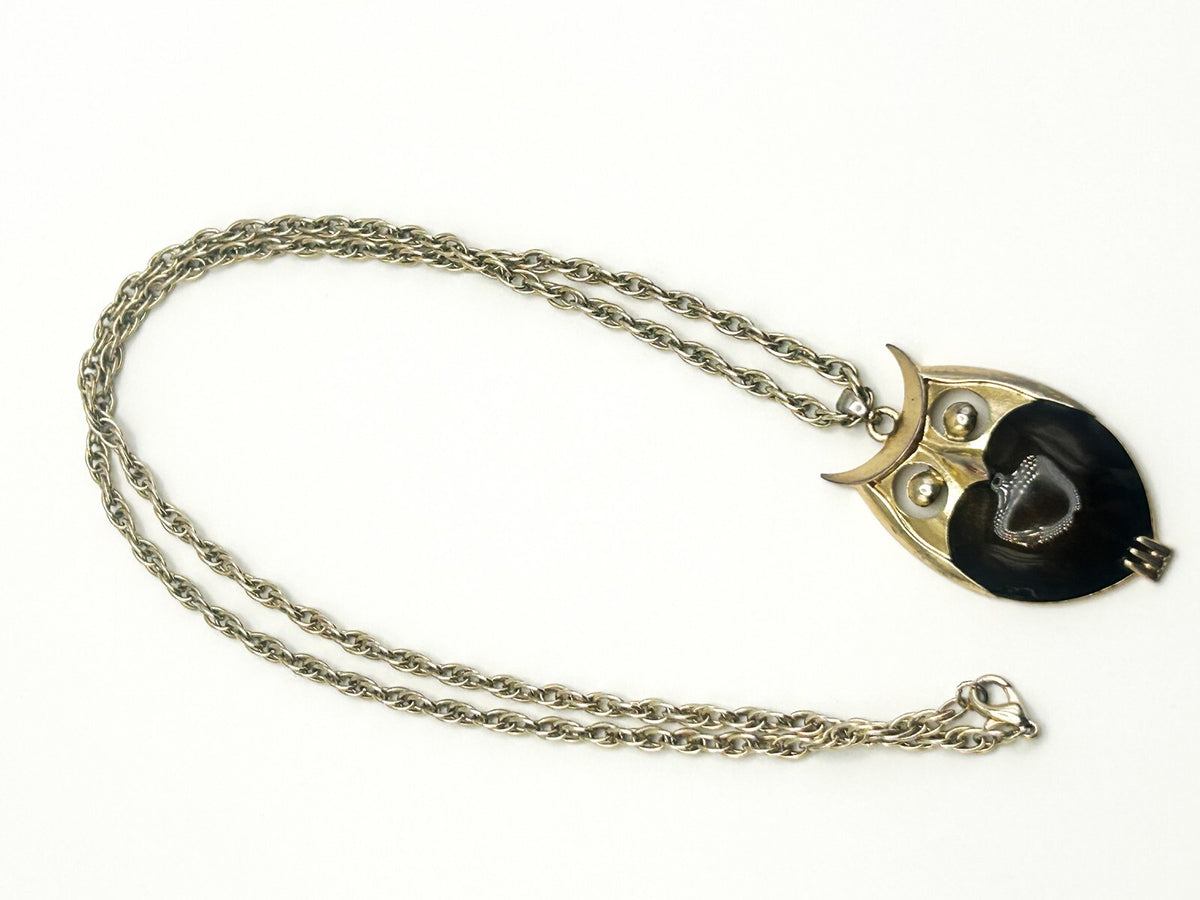 Gold Tone Owl Pendant Necklace with Brown Shimmer Enamel Belly