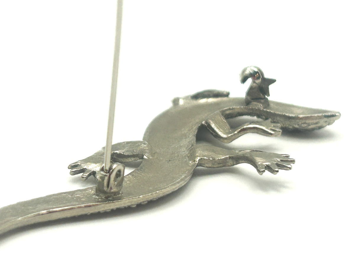 Vintage Silver-Tone Pavé Lizard Brooch - Animal Pin