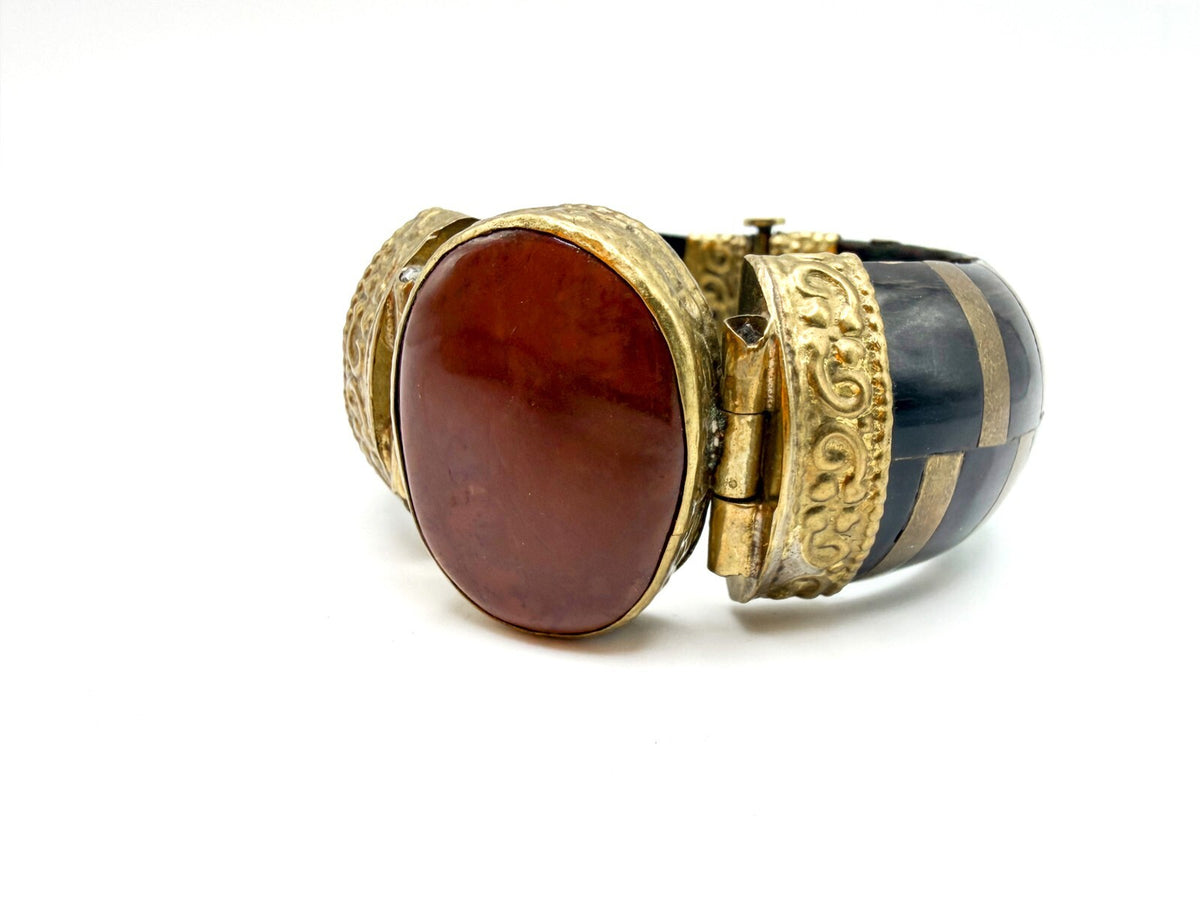 Vintage Horn, Brass and Agate Cuff, appx 18.5cm - red stone, gemstone, hinged