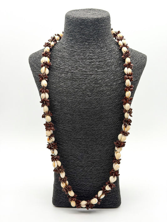 Cowrie Shell Koa Seed Cluster Necklace Boho Tribal Tropical Statement Natural