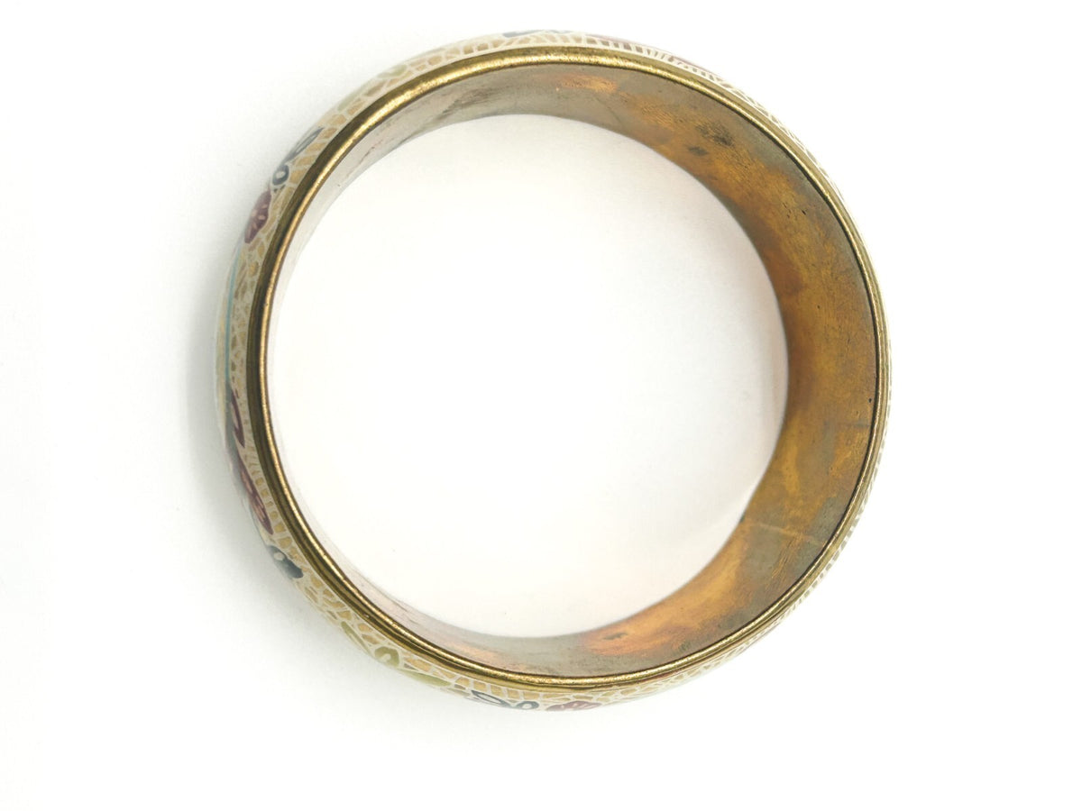 Vintage Brass Bangle Blue Red Painted Floral Statement Bracelet Gold tone Retro
