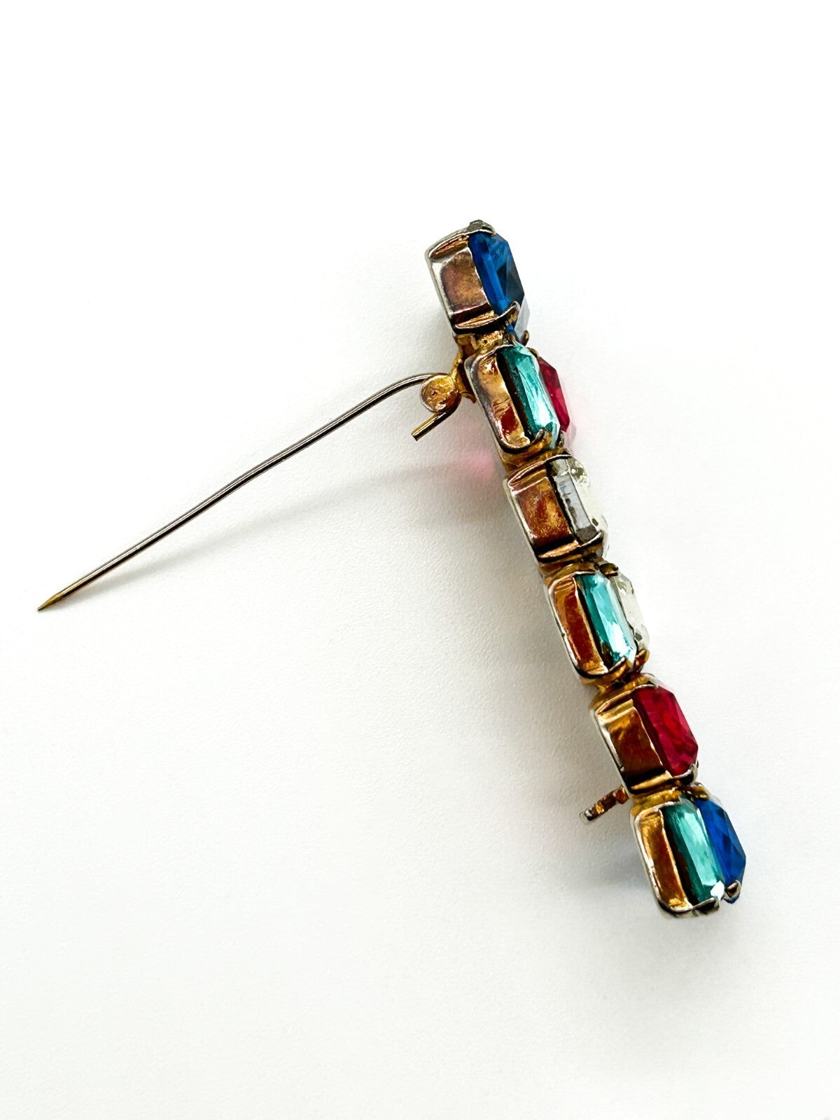 Antique Art Deco Czech Glass Rhinestone Bar Brooch Multicolour C Clasp 6cm