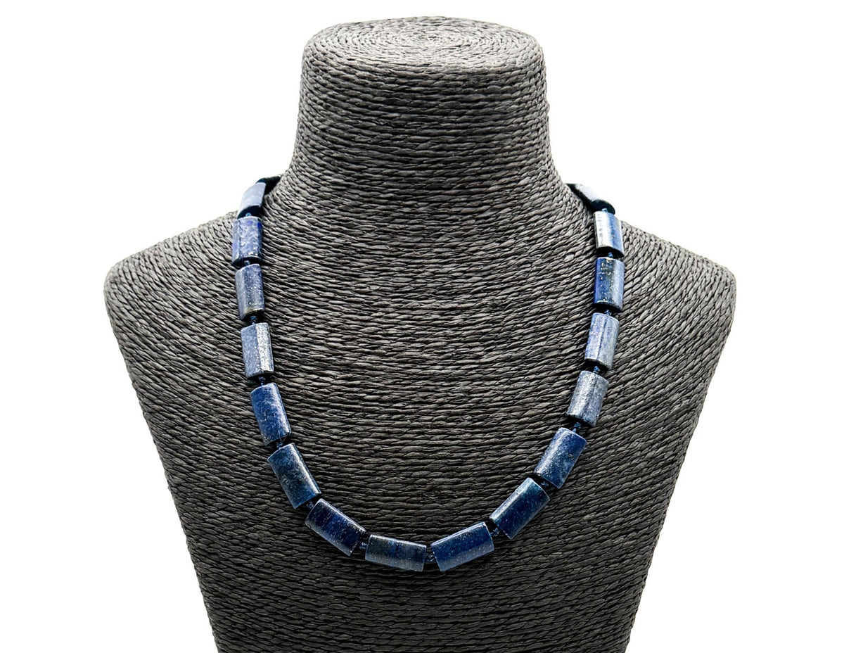 Lapis Lazuli Rectangular Bead Necklace Hand Knotted Blue Stone 19” Gemstone