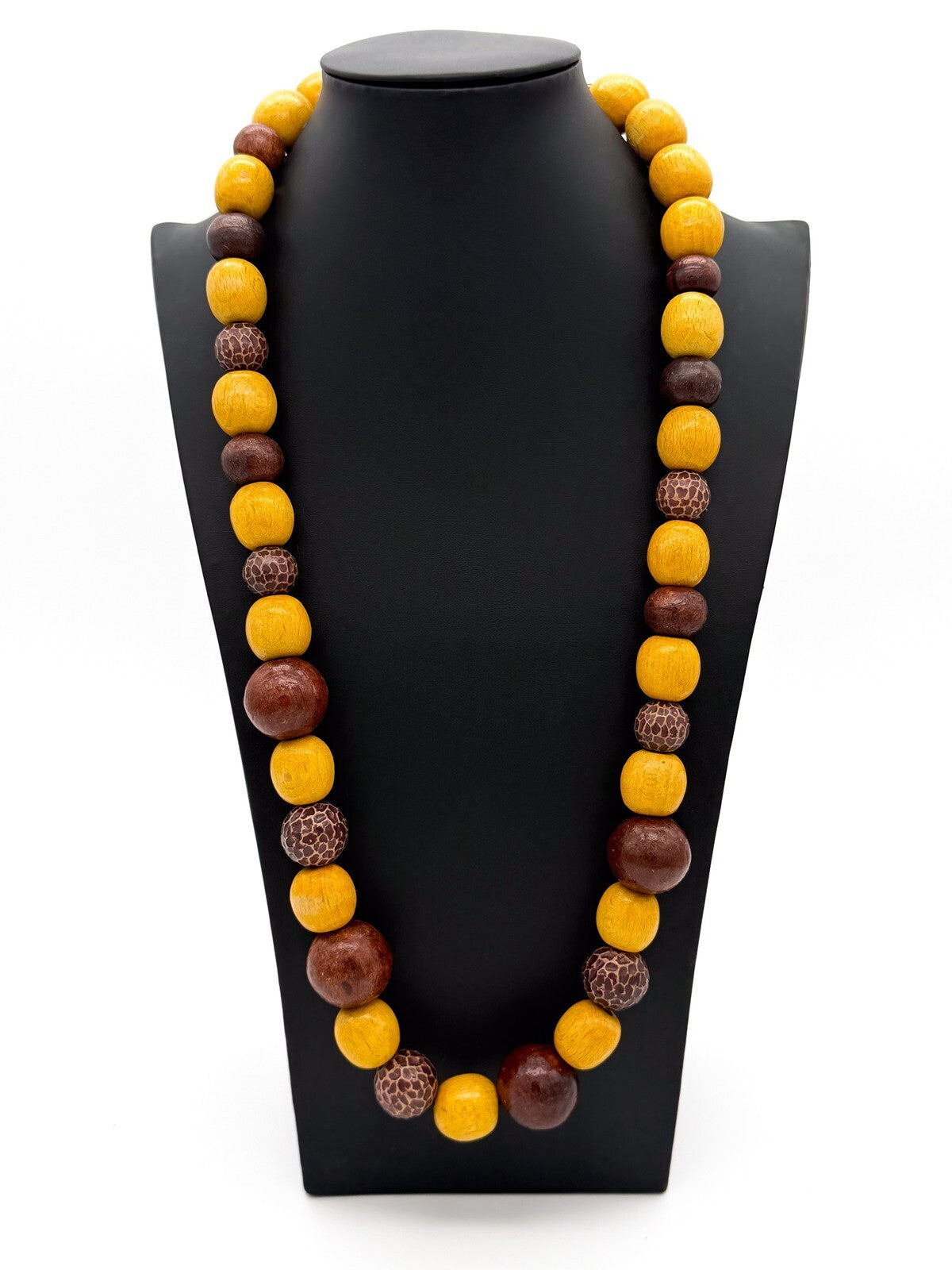 Long Wooden Bead Necklace Yellow Brown Natural Wood 30” Boho