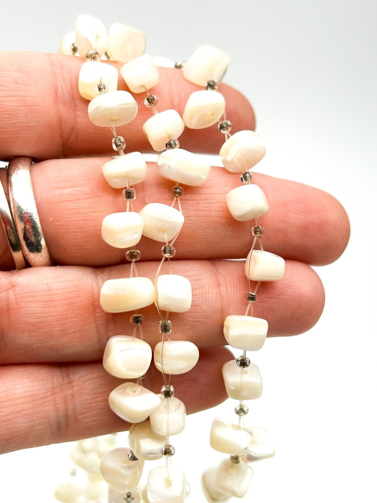 Vintage Mother Of Pearl Multi Strand Illusion Necklace Cream Shell Floating Chip