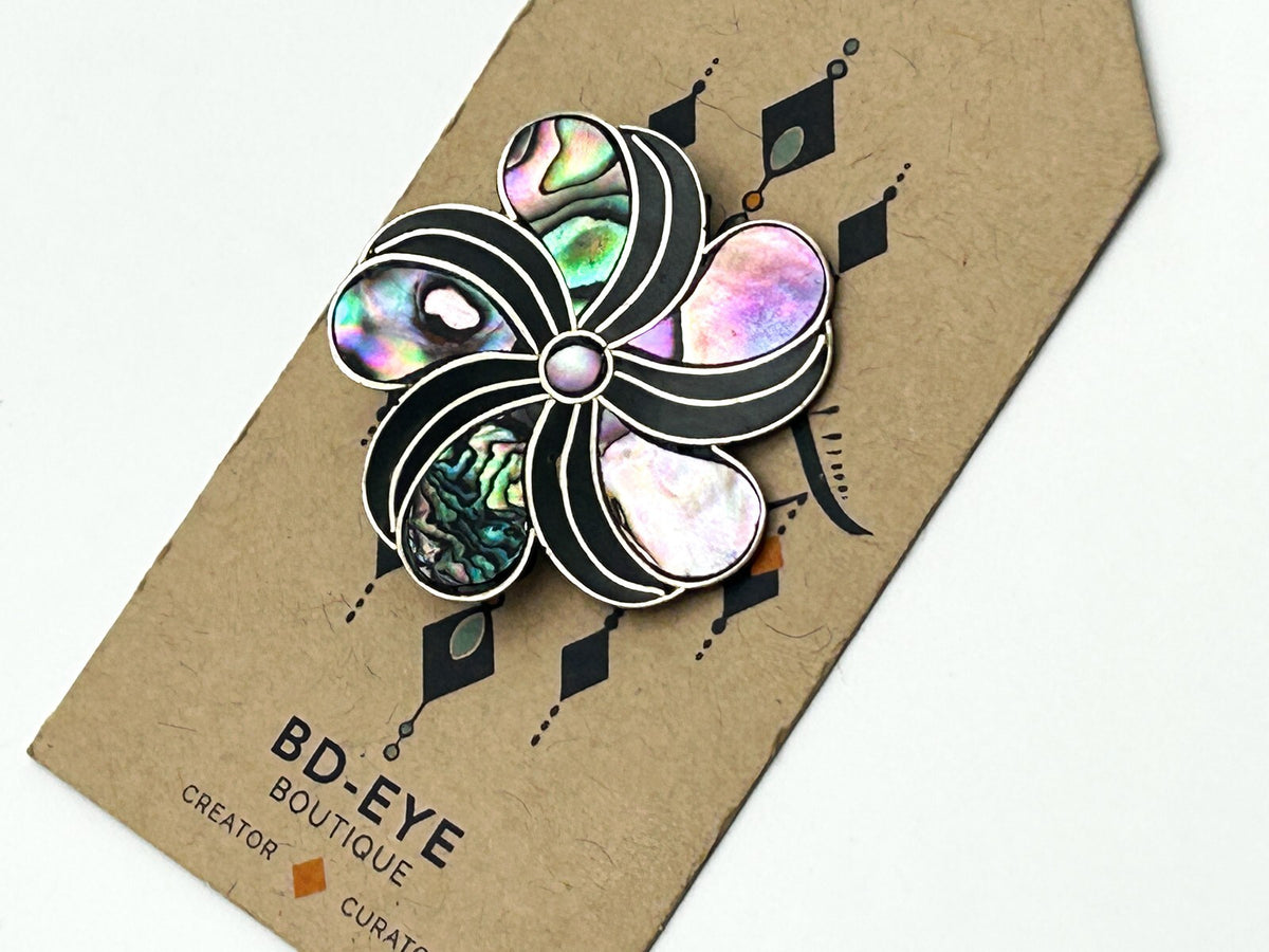 Vintage Alpaca Mexico Abalone Shell Inlay Flower Brooch Black Enamel Swirl