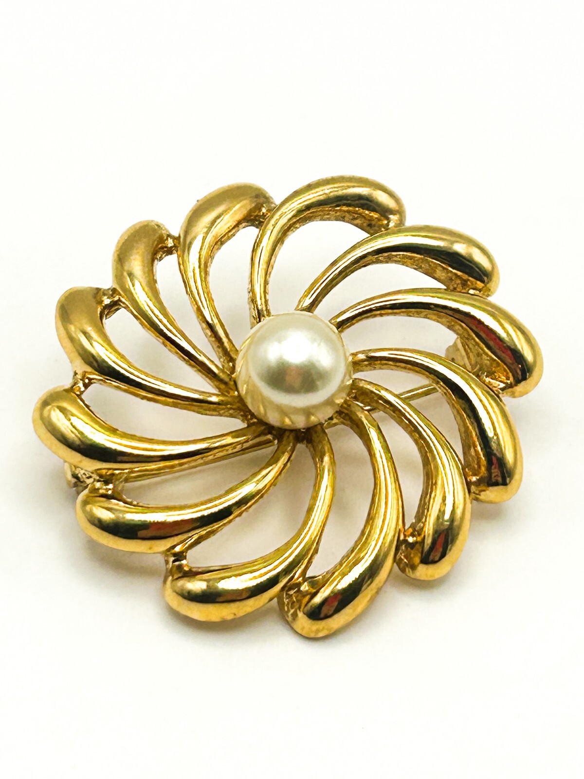 Gold Tone Spiral Flower Brooch with Faux Pearl Centre