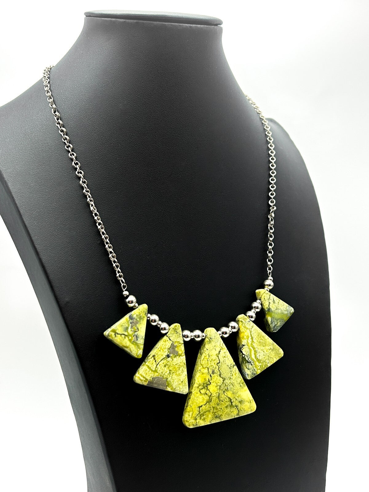 Serpentine Triangle Statement Necklace Lime Green Geometric Gemstone 19”