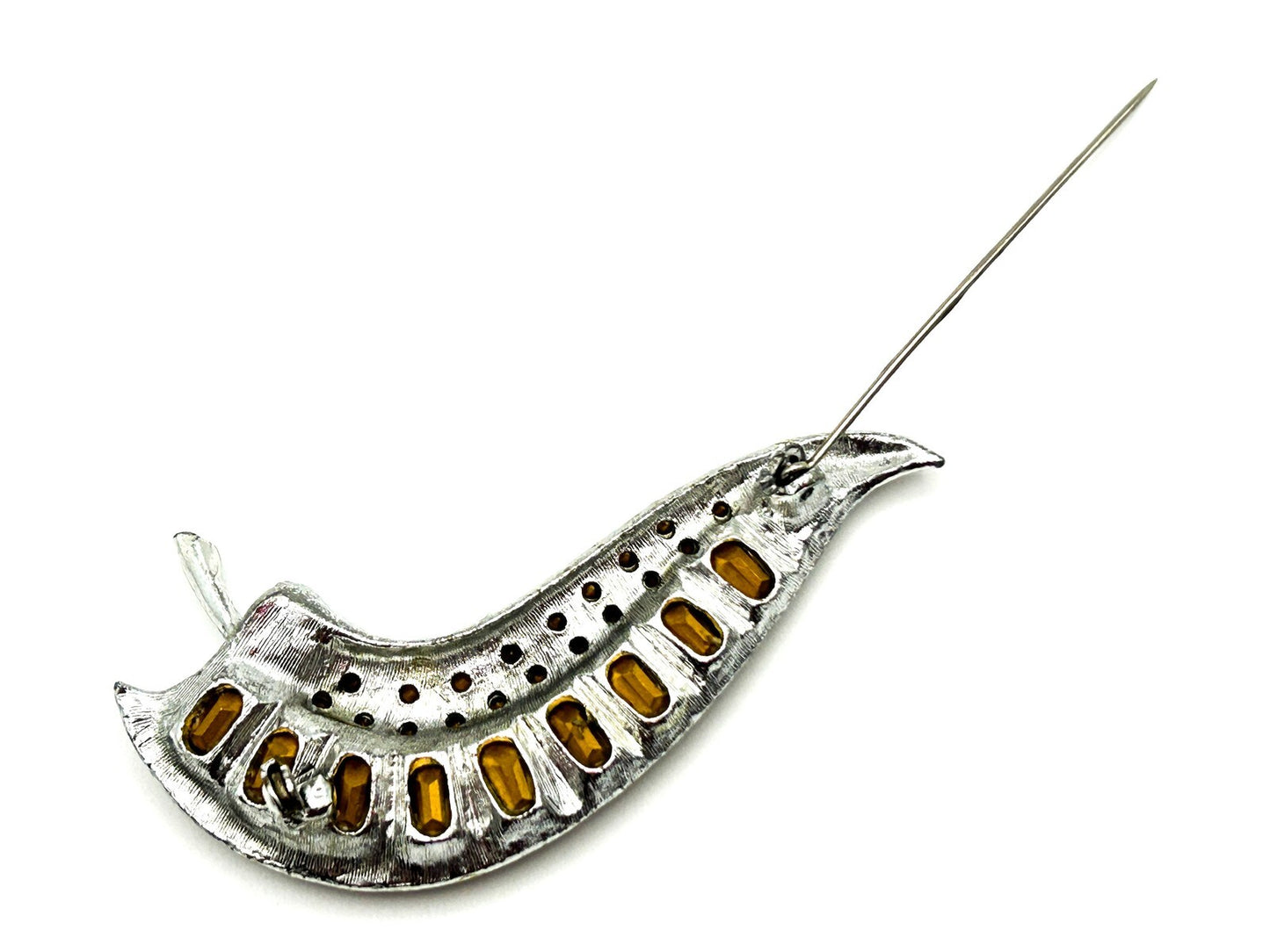 Vintage Silver-Tone Curved Rhinestone Statement Brooch