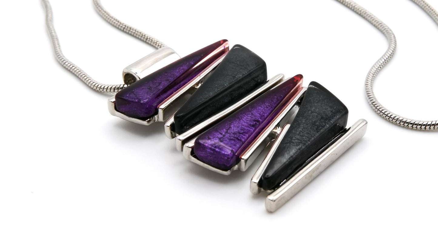 Geometric Modernist Pendant Necklace - Purple, Black, Silver w/ Snake Chain