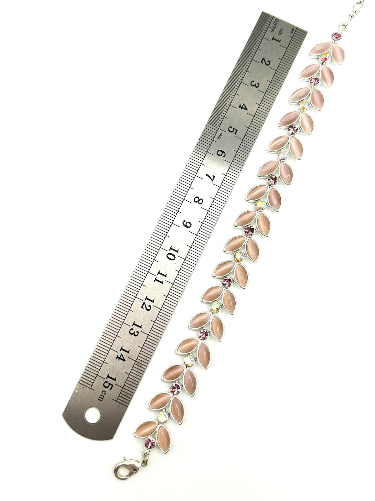 Pink Cat’s Eye Leaf Petal Bracelet Silver Tone AB Crystal Marquise