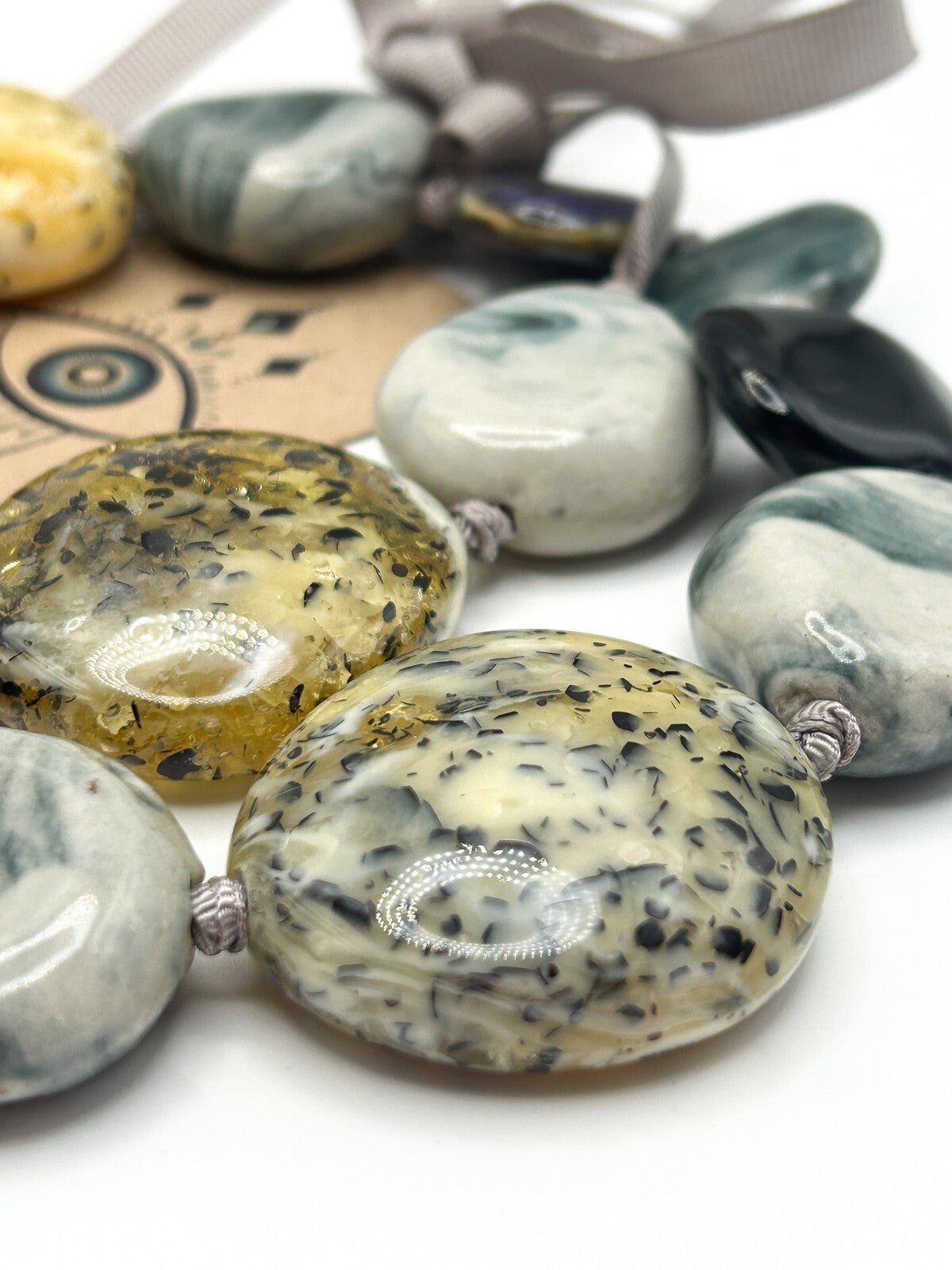Chunky Marble-Effect Ceramic Necklace & Bracelet Set – Hand-Knotted Grey Ribbon