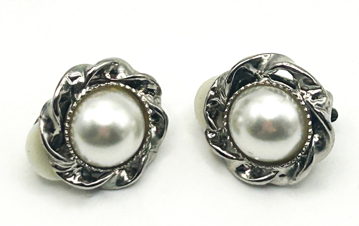 Eternal Collection Faux Pearl Clip-On Earrings – Silver Tone Floral Design