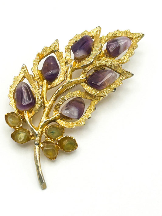 Vintage Leaf Brooch Floral Spray Gold Tone Amethyst & Citrine Leaves Pin Retro
