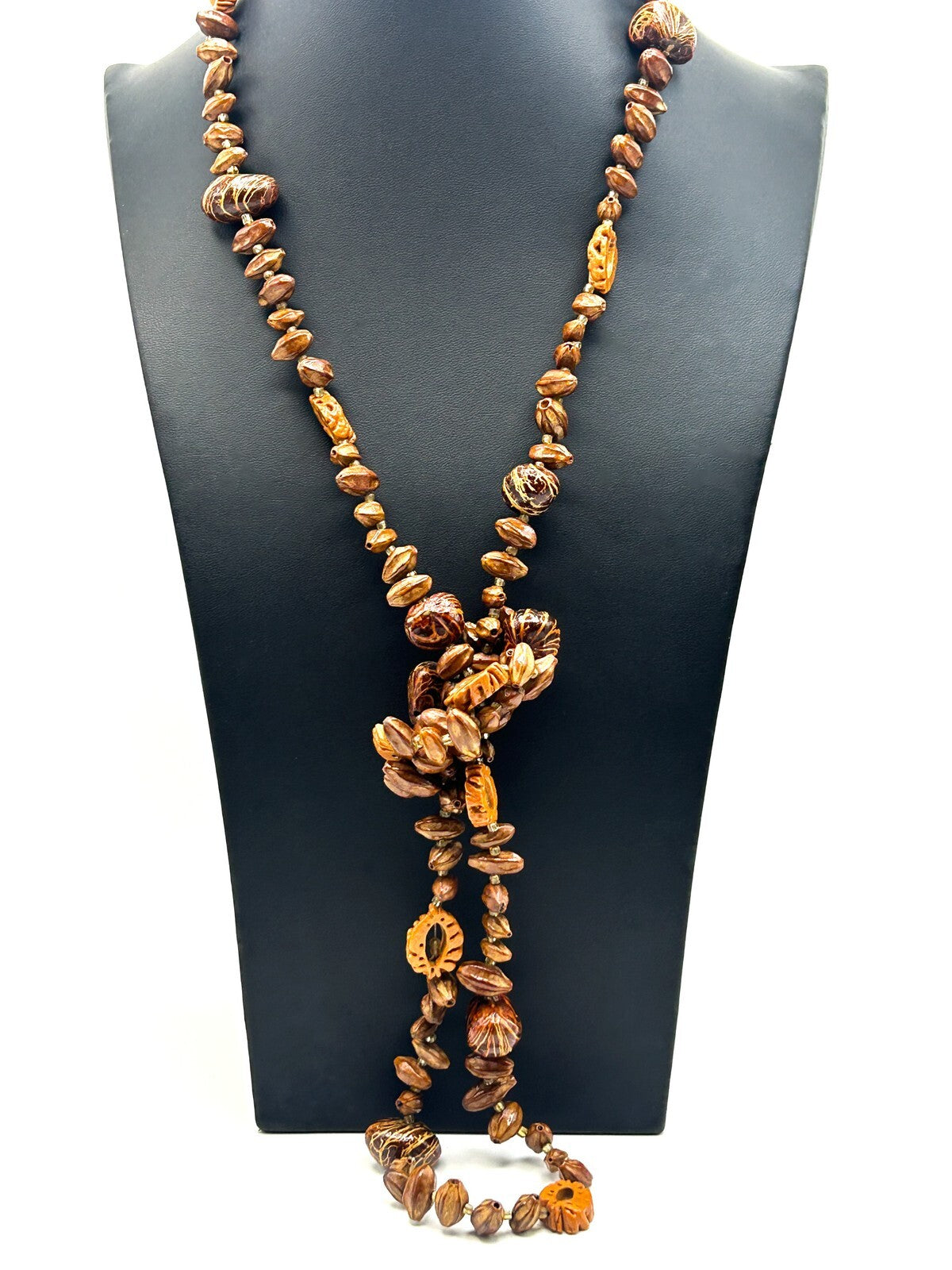 Faux Walnut & Seed Bead Necklace – 24” Vintage