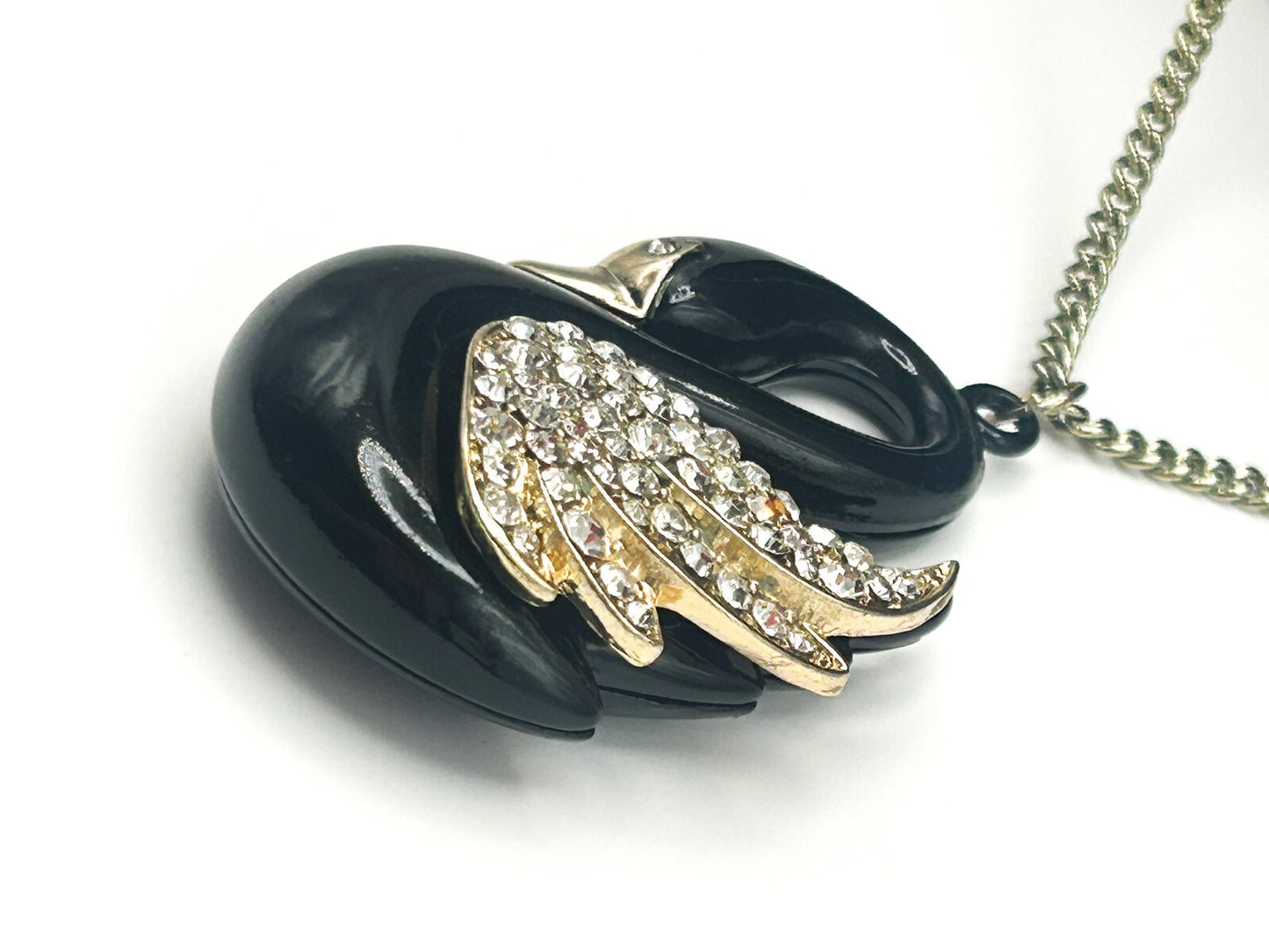 Black, Gold & Rhinestone Swan Pendant Necklace on Gold Tone Chain