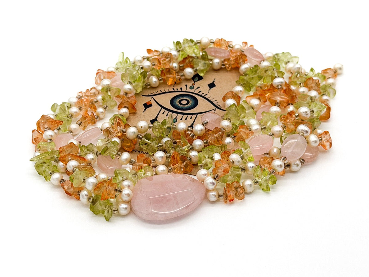 Rose Quartz & Genuine Pearl Multi Strand Statement Necklace Tassel Drop
