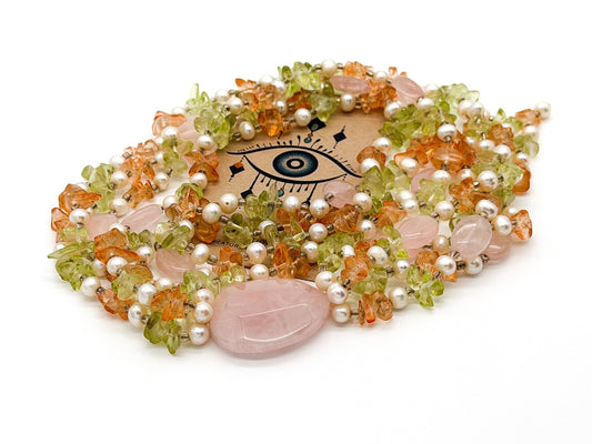 Rose Quartz & Genuine Pearl Multi Strand Statement Necklace Tassel Drop