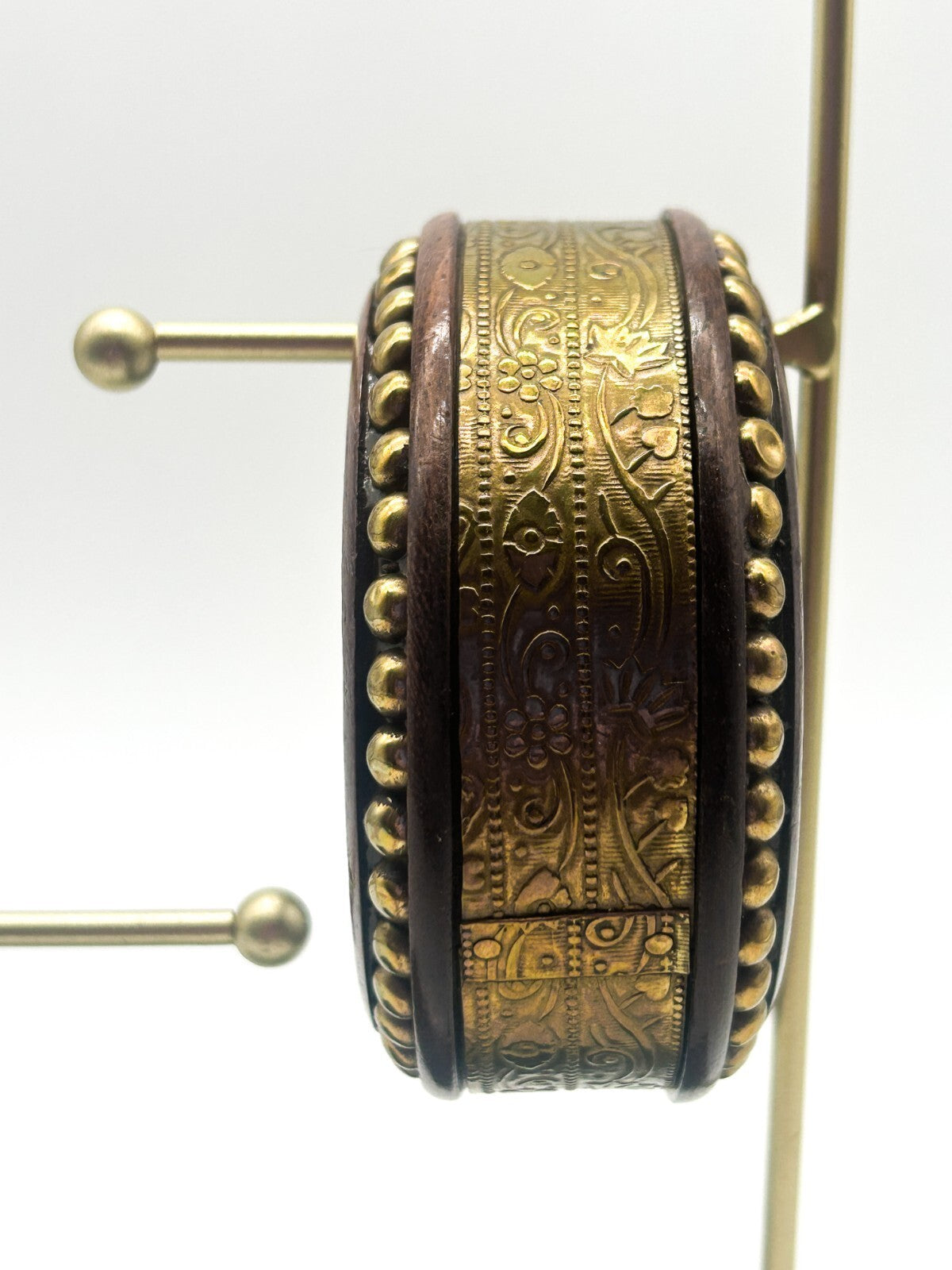 Vintage Dark Wood Brass Bangle Wide Floral Embossed Studded Statement Bracelet