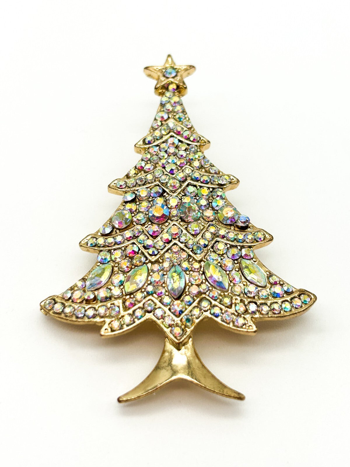 Aurora Borealis Rhinestone Christmas Tree Brooch Festive Sparkle Holiday Pin AB