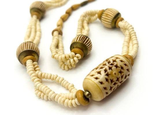 Vintage Carved Organic Material Triple Strand Necklace (Late 1970s–Early 1980s)