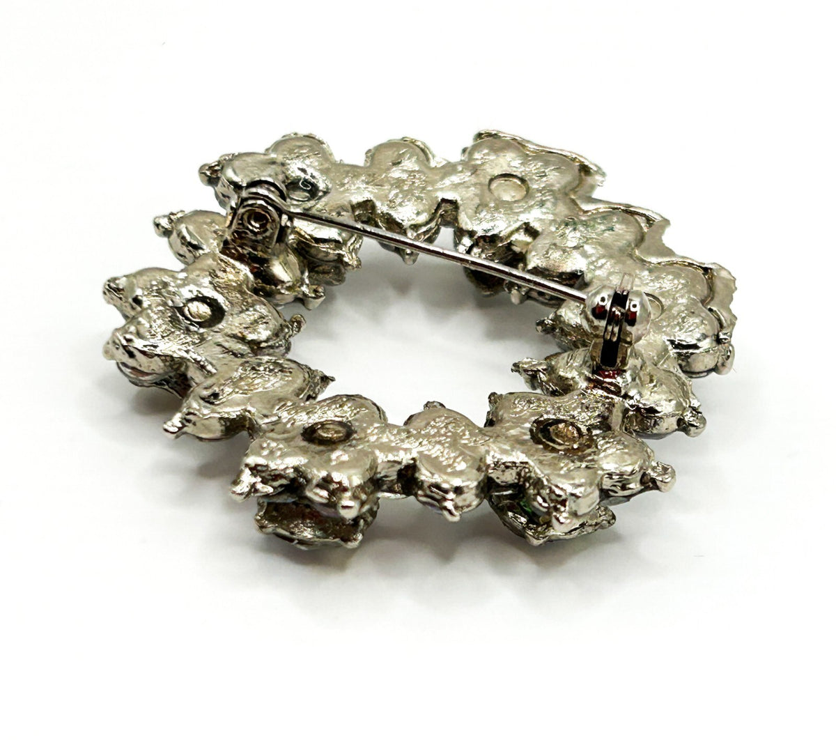 Vintage Aurora Borealis Rhinestone Wreath Brooch AB Crystal Silver Tone 1960s