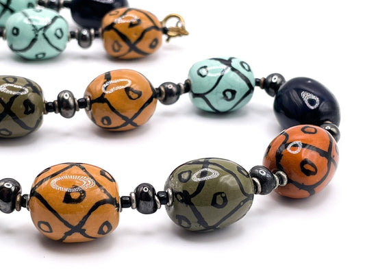 Vintage Porcelain Barrel Bead Necklace Hematite & Glass Accents, 128g, 22.5in