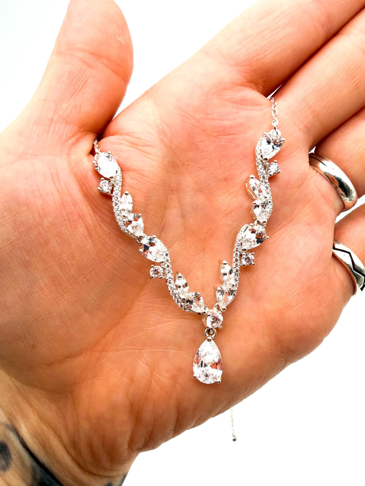 Jon Richard Silver Tone CZ Y Drop Necklace Clear Crystal Bridal Wedding Evening