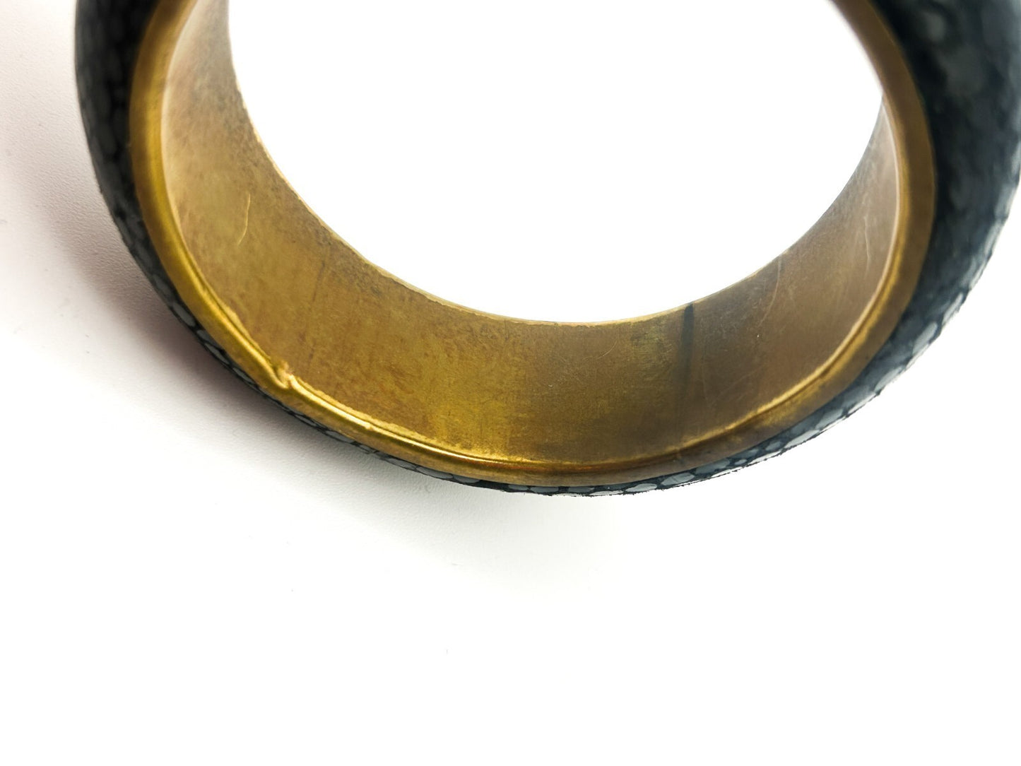 Vintage Black Bracelet Textured Faux Snakeskin Bangle Gold Tone Brass Interior