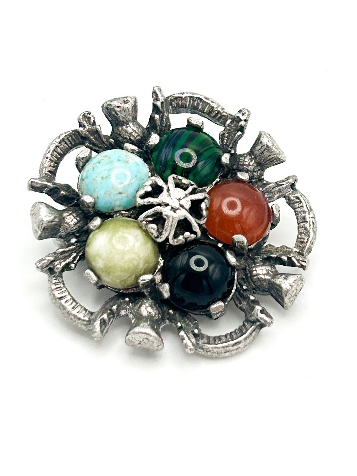 Signed MIRACLE Pewter Celtic Scottish Thistle Brooch Glass Cabouchon
