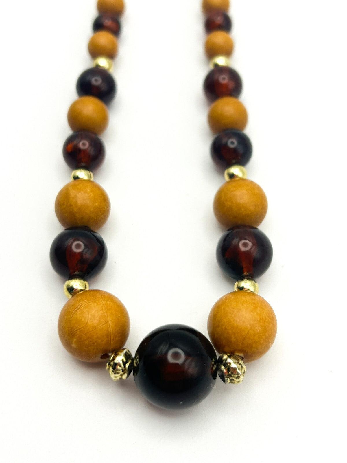 Vintage Wood and Brown Acrylic Beaded Necklace with Gold Tone Spacers 18.5”