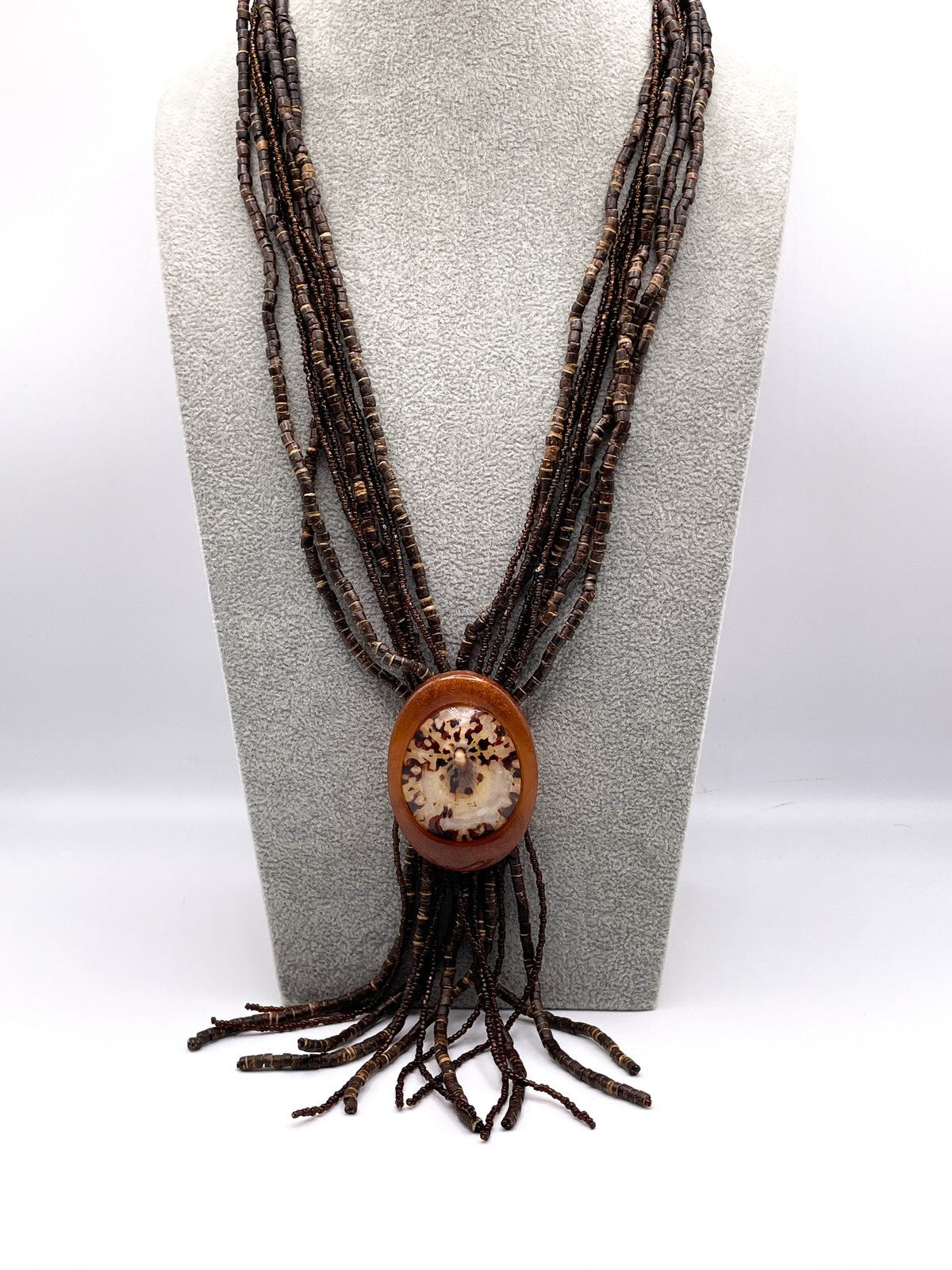 Brown Seed Bead Statement Necklace with Shell Resin Pendant Tassel