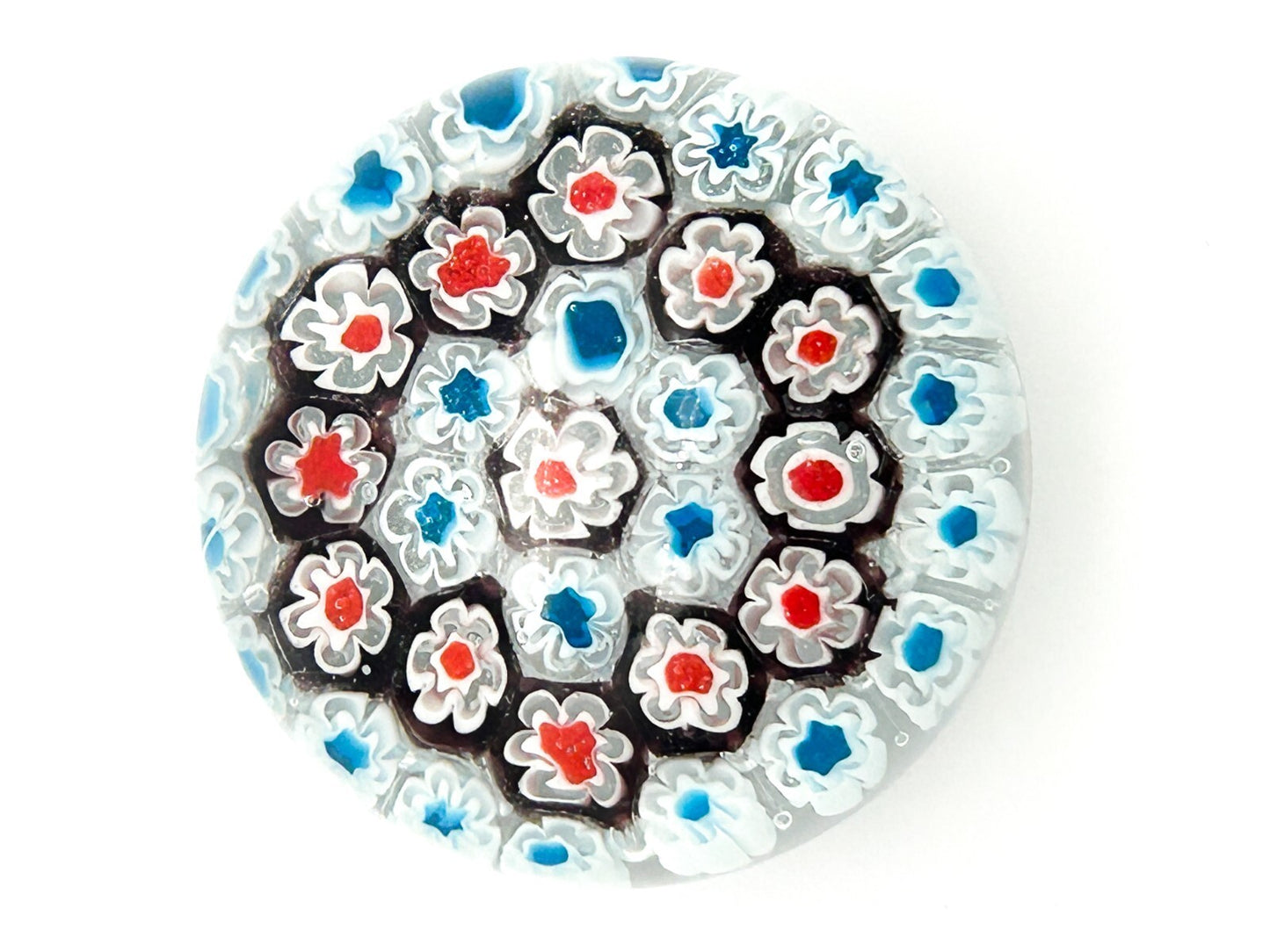 Vintage Millefiori Art Glass Paperweight Red White Blue Flower Floral Canes