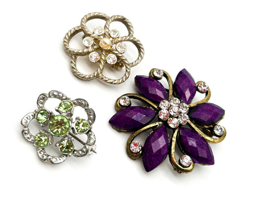 Vintage Floral Rhinestone Brooch Trio Purple Green Crystal Pins Bundle