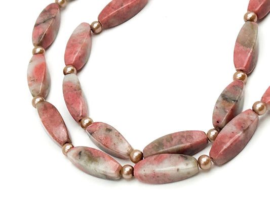 Rhodonite Gemstone Beaded Necklace Pink Oval Beads Faux Pearl Spacers 18”